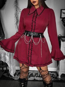 Whyspr Dark Gothic Light Punk Y2K Ruffle Lace Trim Cross Pendant Flared Sleeve Fitted Plus Size Women's Halloween Dress Fall - Red - View 6