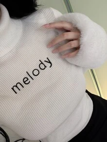 FRIFUL Women's Letter Embroidered High Neck Patchwork Fur Cuff Sweater - White - View 8