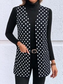EMERY ROSE Plus Size Women's Polka Dot Pattern Open Front Vest Jacket - Black and White - View 8