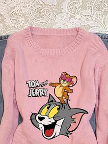 TOM & JERRY X SHEIN SHEIN EZwear 大尺碼女款卡通印花休閒日常長袖針織衫 - 彩色 - 查看 3