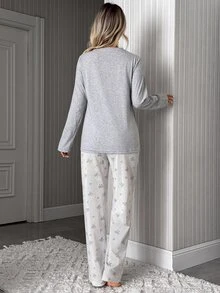 SHEIN Women Heart Print Long Sleeve Top & Bow Pattern Pants Pajama Set - Navy Blue - View 2