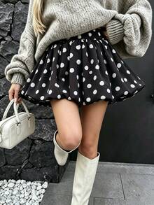 Pariaura Autumn,  Fall Winter Casual, Black Polka Dot Tulip Skirt, Elegant Outfit, Commute Outfit, Holiday Outfit, Holiday Outfit, Women's Skirt - Black - View 5