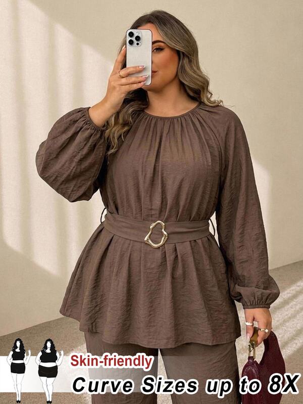 SHEIN CURVE+ Dames 22W veelzijdige casual bruine getextureerde top met ronde hals en lange mouwen