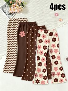 4件組女童幼兒時尚創意清新彩色花卉與波浪圖案印花休閒基礎喇叭褲 - 彩色 - 查看 6