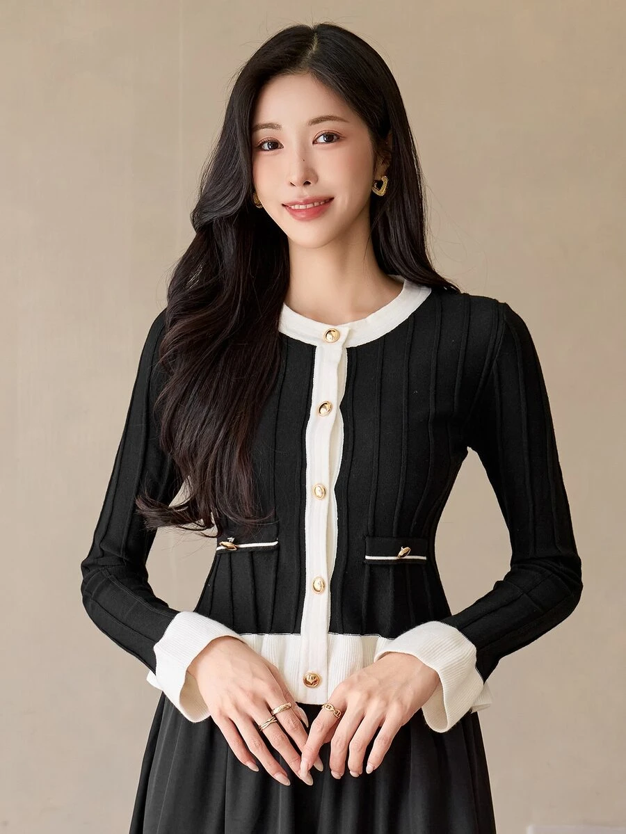 DAZY Cardigan Patchwork Blok Warna Prancis Elegan untuk Wanita, Cocok untuk Kantor di Musim Gugur, Warna Hitam dan Putih - Hitam - View 1