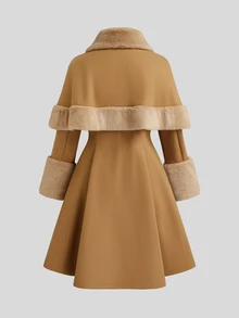 Sweetra Plus Size Wool Blend Cape Coat 2 Pieces Set, Autumn/Winter - Khaki - View 2