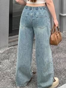 Dazy Plus Celana Jeans Denim Panjang Kasual Model Lebar dengan Warna Polos Pudar Bergaya Vintage - Medium Wash - View 2