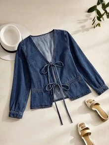 GlowEve CURVE Jaket Denim Kasual Ukuran Besar dengan Ikatan Depan, Musim Gugur - Medium Wash - View 2