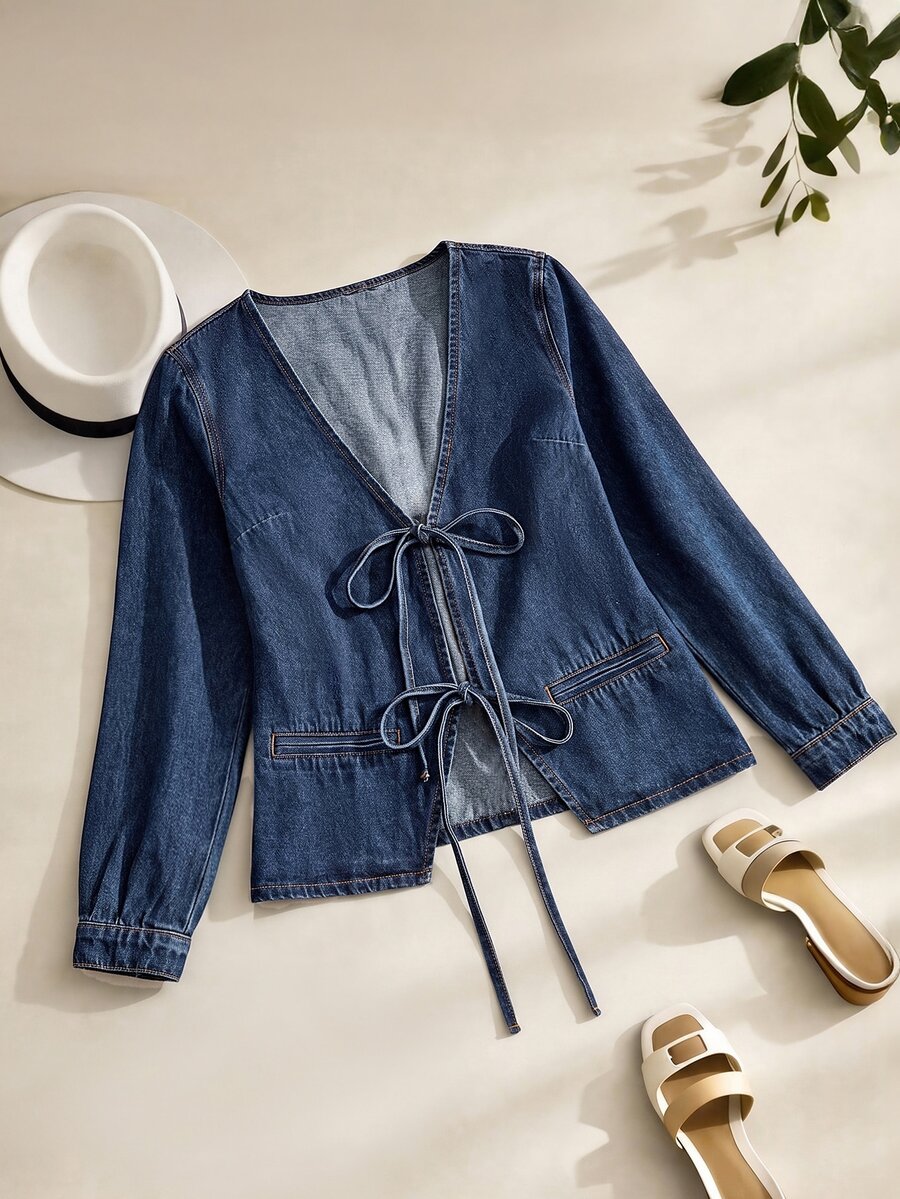 GlowEve CURVE Jaket Denim Kasual Ukuran Besar dengan Ikatan Depan, Musim Gugur