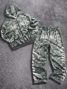 ROMWE MEN Street Life Jungle Green Camo Patchwork English Letter Zipper Hoodie And Sweatpants 2 Pieces Set, Street, Sports, Fashion - Multicolor - View 1