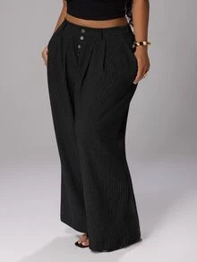 Rustia Fashionable Low-Waist Striped Loose Straight Leg Pants Plus Size Women's Fall - Black - View 4