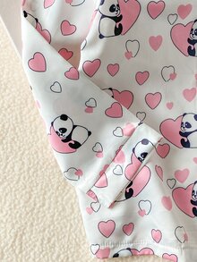 SHEIN 女童優雅甜美熊貓與愛心圖案休閒舒適長袖上衣＋長褲兩件式居家服套裝 - 粉色 - 查看 5