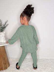 Bộ 2 món áo thun gân vai trễ họa tiết "Smile" và quần legging thời trang casual cho bé gái, màu hồng, set đồ gân thoải mái mùa thu cho bé gái, bộ đồ thể thao cho bé gái - Màu xanh Bạc hà - Xem 2