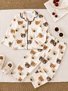 SHEIN Cartoon Cute Bear Print Short Sleeve Lapel Button-Up Top And Elastic Waist Long Pants 2 Pieces Set, Printed Pajama Set Homewear Suitable For Spring And Summer - Multicolor - View 3
