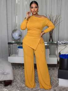 Poshavie Poshavie Plus Size Off Shoulder Ruched Drawstring 2 Pieces Set, Long Sleeve Top & Wide Leg Pants Casual Co Ord - Yellow - View 3