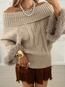 Livesso Women's Elegant Off Shoulder Sweater, Autumn/Winter Vacation - Apricot - View 1