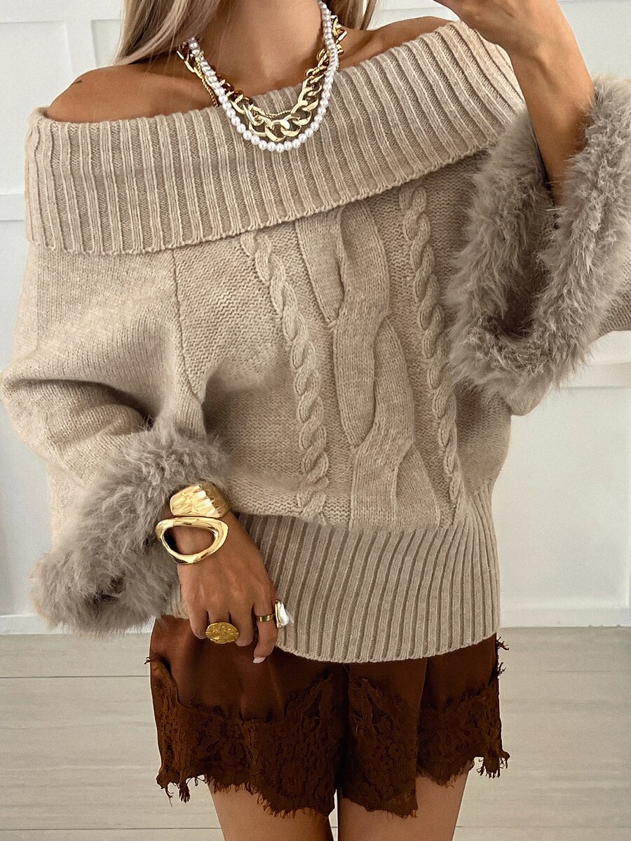 Livesso Women's Elegant Off Shoulder Sweater, Autumn/Winter Vacation - Apricot - View 1