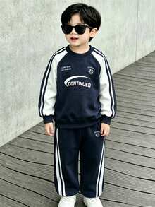Boys Korean Style Minimalist Black & Grey Colorblock Raglan Sleeve Crew Neck Sweatshirt With Matching Colorblock Loose Sweatpants Set, Spring Daily Wear - Navy Blue - View 4