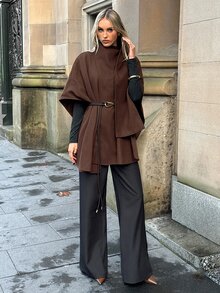 Aloruh Mantel Cokelat dengan Sabuk Kulit yang Mengencangkan Pinggang, Busana Musim Gugur/Dingin - Coffee Brown - View 4