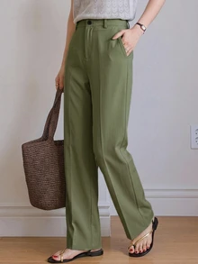 Dazy-Less Women's Solid Color Straight Leg Business Casual Regular Trousers - Army Green - View 4