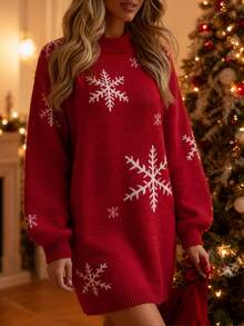 SHEIN Women's Autumn/Winter Casual Loose Straight High Neck Christmas Snowflake Pattern Long Sleeve Knit Dress - Red - View 6