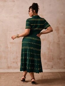Veslaya Plus Size Women's Colorblock Casual Everyday Knit Dress - Dark Green - View 2
