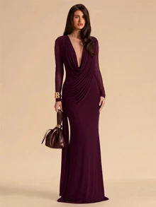 SHEIN BAE Women's Solid Color Pleated Ribbon Design Fishtail Hem Elegant Dress - Red Violet - View 3