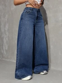 SHEIN Tall 女款休閒日常旅行牛仔褲，附口袋與鈕扣 - 中等水洗藍 - 查看 4
