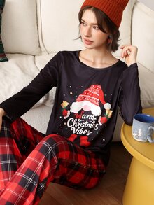 Chillnights Women's Christmas Santa Plaid Knit Long Sleeve Pants Pajama Set - Multicolor - View 6