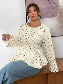 Lounesse Plus Size Women's Round Neck Long Sleeve Polka Dot Design Fashion Cinched Waist Flared Hem Shirt Office Formal Beige Autumn Elegant Traditional Fall - Apricot - View 2