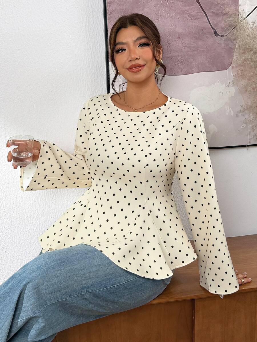 Lounesse Plus Size Women's Round Neck Long Sleeve Polka Dot Design Fashion Cinched Waist Flared Hem Shirt Office Formal Beige Autumn Elegant Traditional Fall