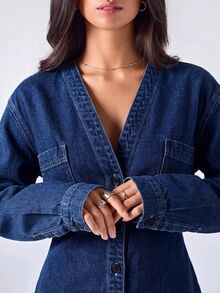 LYSMO Women's Casual Cinched Waist Denim Top, Autumn - Medium Wash - View 3