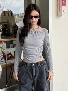 K-Vae Women's Minimalist Sexy Ins Style Atmosphere Halter Neck Ruched Grey Long Sleeve Base Layer Top, Slim Fit Waist Design, Minimalist Everyday Wear - Grey - View 4