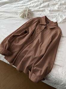 DAZY Women's Cotton Blend Loose Fit Solid Purple Casual Versatile Everyday Shirt - Coffee Brown - View 3