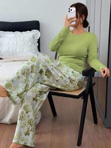 Dazy Plus 2pcs Solid Color Slim Fit Long Sleeve Top & Patterned Long Pants Loungewear Pajama Set, Spring Summer Autumn - Mint Green - View 5