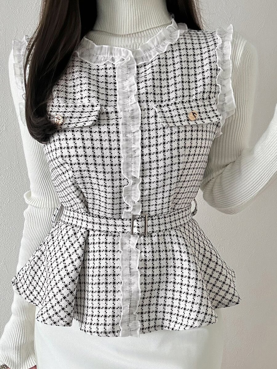 FRIFUL Women's Elegant Commuter Plaid Frill Trim Tank Top With Waist Belt Fall - White - View 1