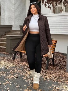 SHEIN EZwear 冬季大尺碼保暖內裡加厚中長版大衣 - 巧克力棕 - 查看 5