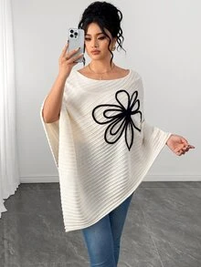 Elenzga Women's Autumn New Single Piece Large Floral Design Square Neck Loose Hem Asymmetrical Fashion Design Elegant Lady Daily Versatile Commute Knit Pullover Plus Size Sweater - Beige - View 4