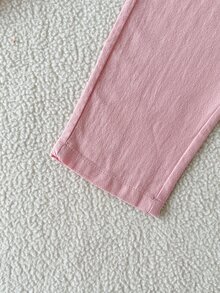 SHEIN 女童春秋花苞腰結休閒長褲，3-7歲，純色寬鬆直筒百搭小女孩長褲 - 粉色 - 查看 5