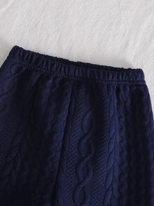 2pcs Baby Boy Comfortable Soft Thick Navy Blue Cable Knit Jacquard Fabric Ribbed Crew Neck Bear Graphic Applique Embroidery Ribbed Cuffs Pajama Set - Navy Blue - View 6