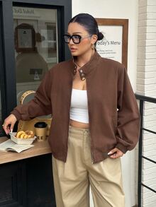Flexra Plus Size Vintage Button & Zipper Long Sleeve Pocket Denim Jacket - Brown - View 5