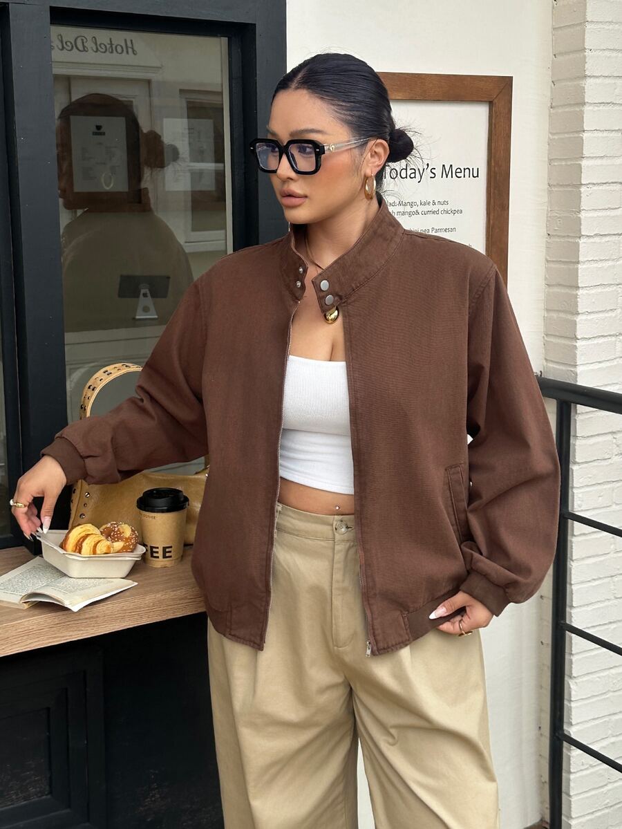 SHEIN Unity Plus Size Vintage Casual Anti Social Button Zipper Long Sleeve Pocket Denim Jacket Formal Going Out Brown Autumn