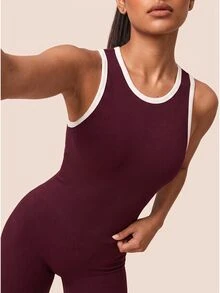 SHEIN BAE Women Burgundy Seamless Backless Athletic Romper Gym Workout Training Running Yoga Sports Bodysuit - Burgundy - View 3