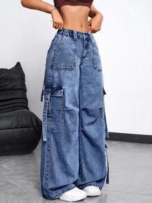 SHEIN EZwear 女款休閒水洗寬腿工裝牛仔褲 - 藍色 - 查看 4