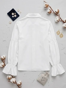 Dazy Plus Preppy Style Bowknot Lace-Up Flared Sleeve White Shirt, Spring/Autumn New Arrival - White - View 8