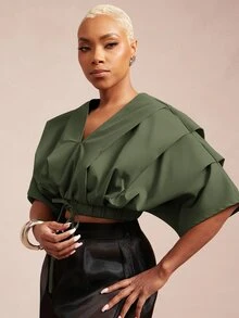 Vixey Solid Woven Pleated Structured Sleeve Drawstring Waist Top - Olive Green - View 2
