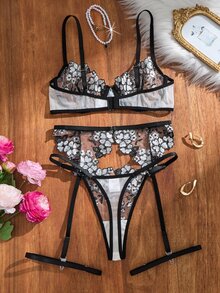 SHEIN 女款性感內衣藍色4件套 - 黑與白 - 查看 2