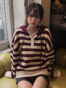 DAZY Women's Colorblock Striped Loose Hooded Long Sleeve Casual Streetwear Vacation Spring Autumn Knit Sweater - Red - View 1