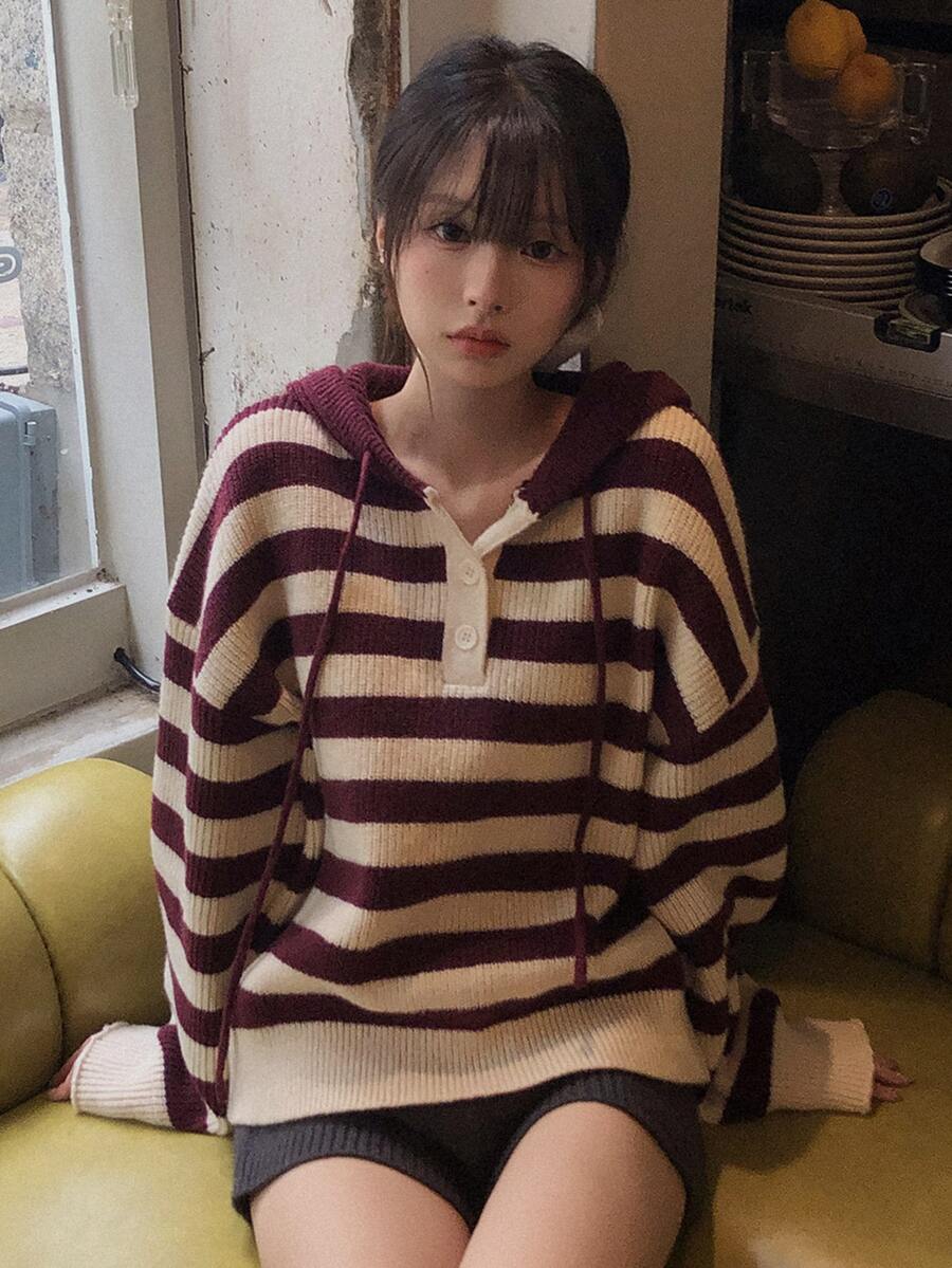 DAZY Women's Colorblock Striped Loose Hooded Long Sleeve Casual Streetwear Vacation Spring Autumn Knit Sweater - Red - View 1