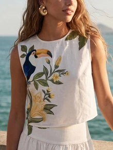 CAJUNI Tank Top Elegan dengan Motif Bunga Toucan Tropis - MultiWarna - View 8